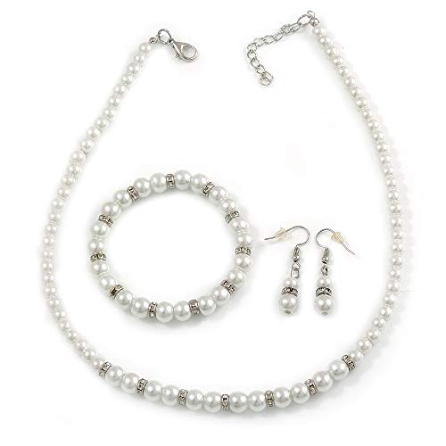 Collar de cuentas de cristal blanco de 7mm pulsera elástica y aretes juego de perlas mujer