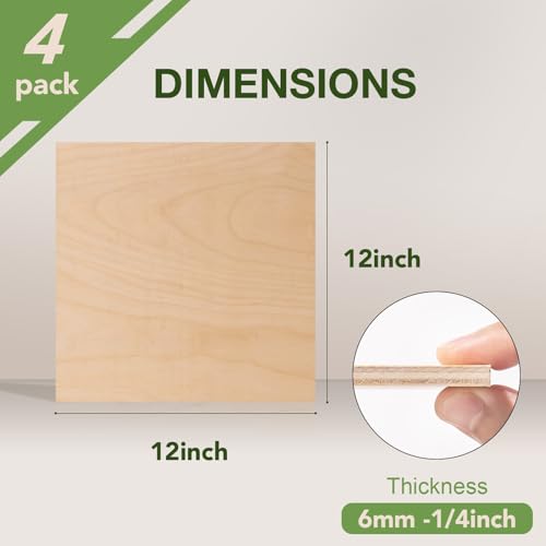 Rowood 4 Pack Birch Plywood 1/4,12x12x1/4inch,Birch Plywood 6mm Wood Sheets Thin Unfinished Wood for Laser Cutting and Engraving,DIY Adult Craft Project Kits for Ornaments, Models Drawing