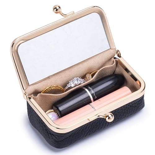 Nsciyise Genuine Leather Travel Jewelry Box Mini Jewelry Organizer Case with Mirror for Women Small Lipstick Bag for Purse Cute Portable Gift for Her women giril (Black Mirror)