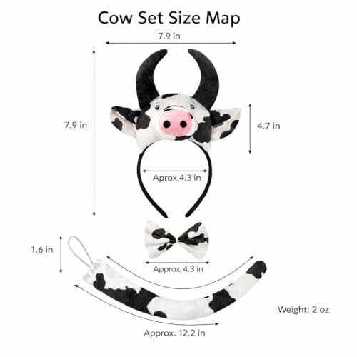 Image of White Cow Headband with Bow and Tail Costume Set, Halloween Animal Ears Costume Dress Up Suit, Cosplay Party Supplies for Adult