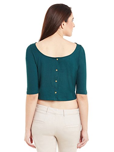 Image of Miss Chase Women's Green Half Sleeves Boat Neck With Scoob Back Button Deatiling Solid Crop Top