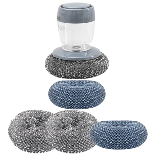 Generic Pot Cleaning Brush Set with Soap Dispenser Palm Scrubber, Includes 2 Pet Ball Brushes and 2 Steel Wire Scrubbers for Kitchen Decontamination and Dishwashing Tasks