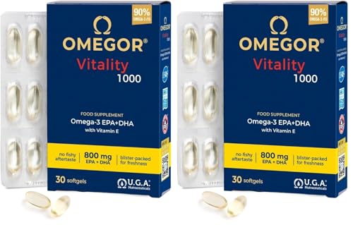 Omega 3 EPA y DHA 800mg IFOS Certificado - OMEGOR Vitality 1000 Omega-3 Aceite de Pescado Libre de Metales Pesados y Fácil de Digerir - 30 Cápsulas (Paquete de 2)