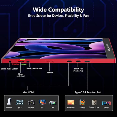 Image of WUAWE Portable Monitor 16 inch Gift for Girls, 1920x1200P FHD 100% sRGB for Drawing & Design, USB C HDMI External Screen Ultra-Thin Metal for Laptop /Mac /Phone /Xbox /PS5(Red)