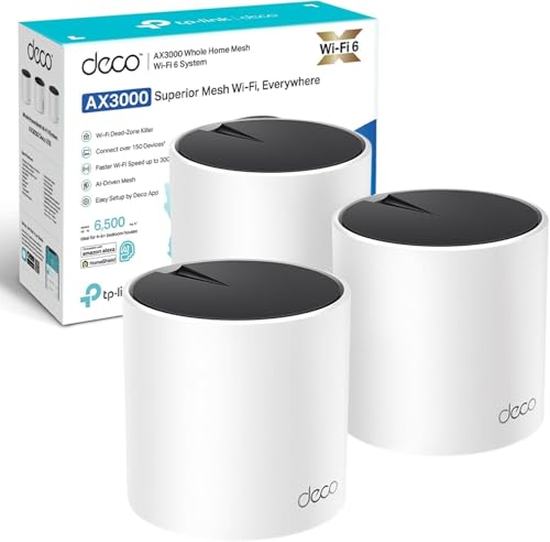 TP-Link Deco X55(3-pack) AX3000Mbps Whole Home Mesh WiFi 6 System AI-Driven Seamless Mesh Coverage 6 500 ft2 150 Devices Connection WiFi Router Extender Booster Easy Setup Alexa&Google Home
