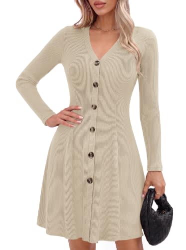GRACE KARIN Women's V-Neck Ribbed A-Line Mini Cream Fall Sweater Dress L