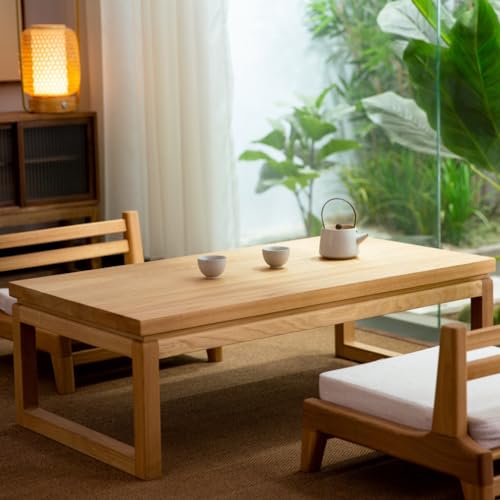 Table basse rectangulaire en bois massif sculptée style tatami chic