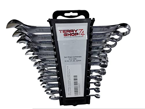 Terryshop74 Set 12 Chiavi Combinate Cromo Vanadio – Finitura Cromata, Misure 6-22mm, Standard DIN 3113 – Supporto Incluso