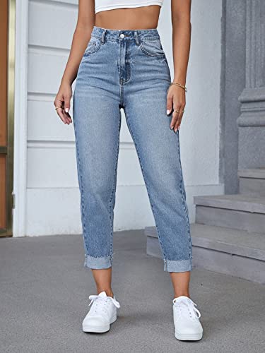 SweatyRocks Women's High Waist Bleach Wash Roll Hem Mom Fit Zipper Fly Jeans with Pocket4