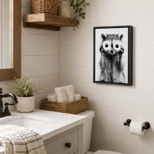 Framed Adorable Raccoon Bathroom Canvas Wall Art Toilet Paper Raccoon Wall Decor Pictures Funny Black and White Bathroom Animal Posters Prints for Restroom Home Decoration 12x16in — view 3