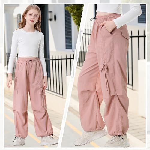 Image of Rolanko Wide Leg Girls Parachute Cargo Pants for Girls Butterfly Y2K Kids Cargo Jogger Trousers with Pockets Loose Fit