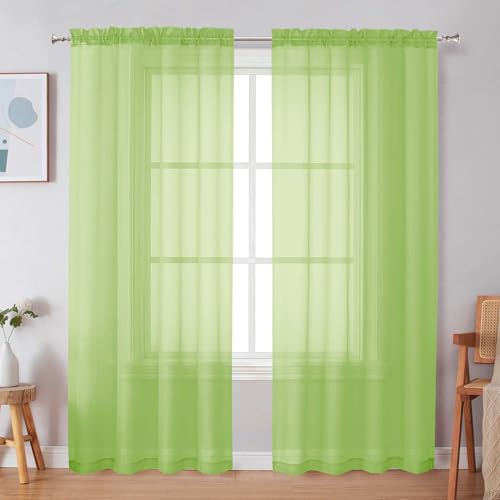 Image of Simplebrand Rod Pocket Top Solid Voile Sheer Curtains for Bedroom, 54 Inch Length Drapes Set of 2, Lightweight and Light Filtering Elegant Lime Curtains Panels Window Treatment, 42Wx54L, Lime