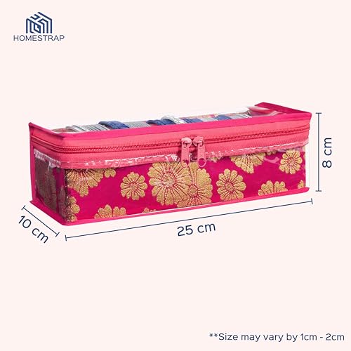 Image of HomeStrap Set of 2 Brocade Design Single Rod Storage Bangle Box for Women /Chudi Organizer Holder with Transparent Top (Pink)
