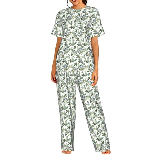 Pyjama manches courtes eucalyptus vert pour femme, vêtement de nuit doux