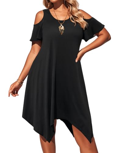 Pinup Fashion Plus Size Sundress - Summer Women Casual Cold Shoulder Handkerchief Hem Dress with Pockets3