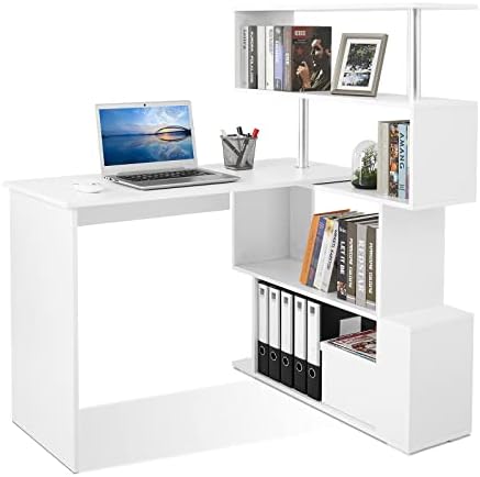 Meerveil L Shaped Computer Desk, Corner Desk, 360 Degree Rotatable Shelves, Space Saving Table with Spacious Storage for Home Office Workstation Study, 157 x 45 x 130.5 cm, White