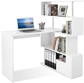Meerveil L Shaped Computer Desk, Corner Desk, 360 Degree Rotatable Shelves, Space Saving Table with Spacious Storage for Home Office Workstation Study, 157 x 45 x 130.5 cm, White