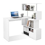 Mondeer Computer Desk, Corner Desk with 4-Tier Storage Bookshelves Rotatable, Space Saving for Home Office Writing Workstation, White