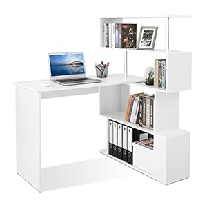 Meerveil Computertafel, L-vormig, hoekbureau, met 360 graden draaibare boekenkast voor werkkamer, woonkamer, kantoor, 157 x 45 x 130,5 cm, wit