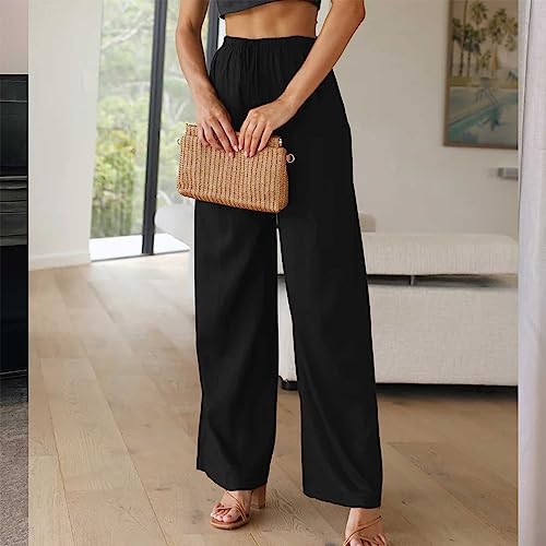 Womens Cotton Linen Palazzo Pants Drawstring Elastic Waist Casual Wide Leg Trousers with Pockets