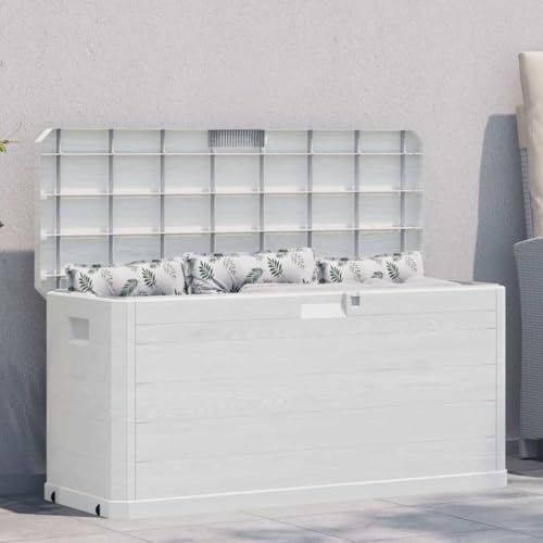 Runheo Caja de almacenamiento de jardín de 280 litros, plástico gris claro, efecto madera, resistente a la intemperie y con cerradura, con tapa y ruedas, ideal para cojines, cojines, herramientas