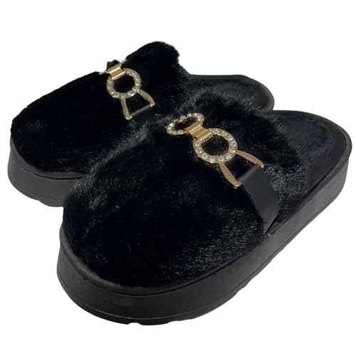 SUNSEA SHOES Zapatillas Casa Mujer con Felpa y Diseño de Aros Dorados. Plantuflas Mujer Invierno Tipo Zuecos Suela Gruesa (Negro, 36/37, Sistema tallas calzado EU, Adulto, Letras, mediano, Medium)