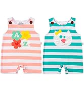 Kit 2 Macacões Bebê Sem Manga – Listrado com Estampa de Flores e Gatinha Branco