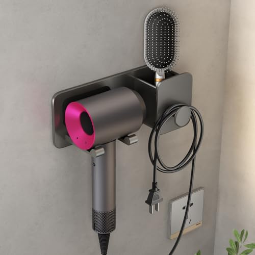 Image of Mustorn Hair Dryer Stand Holder for Wall Mounted Adhesive Hair Dryer Organizer for Bathroom Rust-proof Metal Without Drill Grey