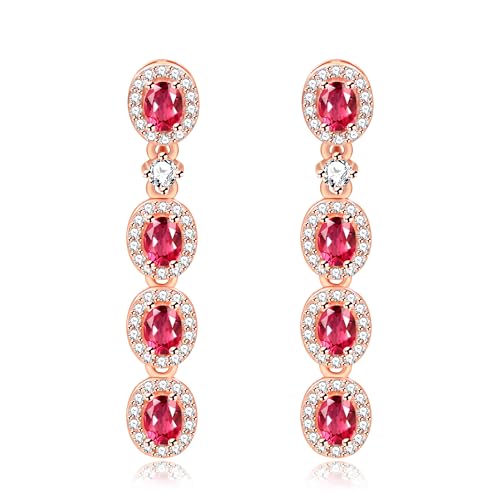 Uloveido Elegantes pendientes largos de granate con piedra natal de enero, 8 granates naturales de corte ovalado de 4 x 3 mm, chapados en oro rosa, aretes colgantes de plata de ley 925 para mujer con