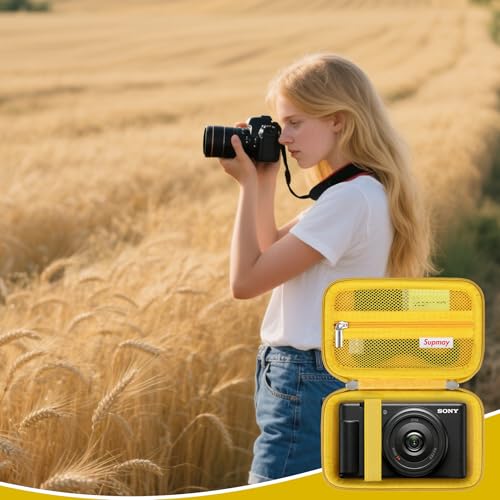 Image of Hard Travel Case for Sony ZV-1F / ZV-1 / ZV-1 II Digital Camera, Vlogger Camera Storage Holder Travel Bag with Zipper Mesh Pocket for Battery Pack, Charging Cable, USB Card, Yellow