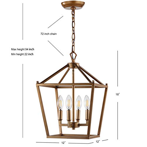 Image of JONATHAN Y Pagoda 4-Light Pendant 12 inch Cage, Antique Gold | Traditional Metal Farmhouse Hanging Lantern Ceiling Fixture, Adjustable Chain Link, For Kitchen Island, LED Bulb Included