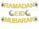 Ushinemi 2 in 1 Ramadan Mubarak Banner Eid Decorations, Glitter Ramadan Decorations for Home, Eid Banner with Moon Lantern Sign for Wall Decor
