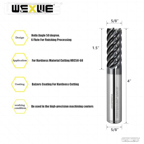 Image of Tools Carbide End Mills,6 Flute Square Milling Cutter,High Helix Angle for High Hardness Steel Finshing Milling Processing - 5 /8 Shank (5 /8-4 inch 1PCS)