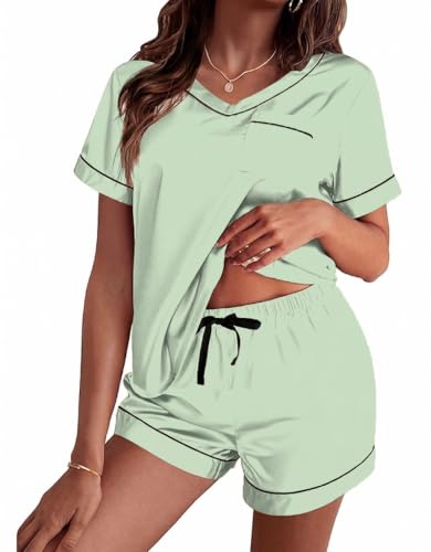 Image of Ekouaer Silk Pajama for Women Short Sleeve Satin Pj Set Two Piece Soft Sleepwear Loungewear S-XXL