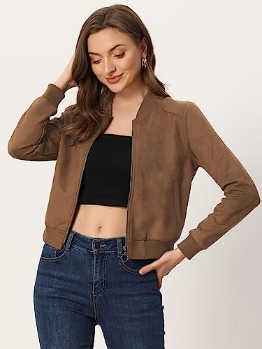 Allegra K Faux Suede Cropped Coat for Women's Stand Collar Zip Up Biker Moto Bomber Jackets4
