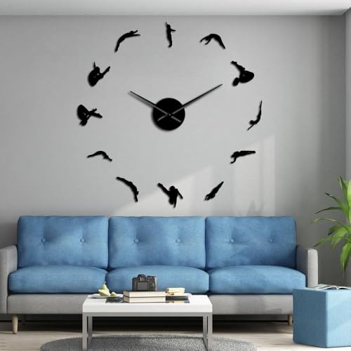 Arte de pared deportivo de buceo alto para decoración del hogar, relojes, buceadores, silueta, bricolaje, pegatinas, sin marco, reloj de pared grande, regalo para buceadores (negro, 37 pulgadas)