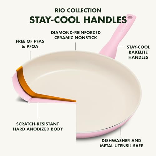 Image of GreenPan Rio Healthy Ceramic Nonstick 8 inch Frying Pan Skillet and Silicone Spatula Set, Soft Grip Handle, Breaktfast Meal Set, PFAS-Free, Dishwasher Safe, Oven Safe, Pink