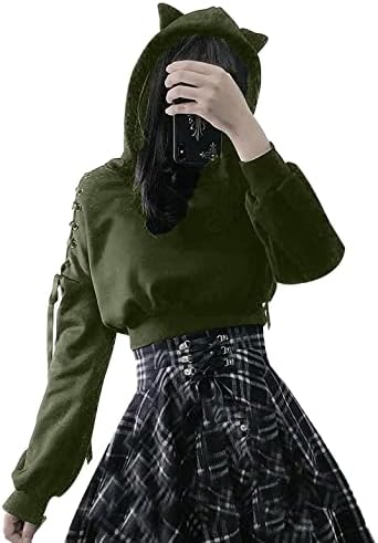 Womens Cat Ear Hoodie Sweatshirt Long Sleeve Sweater Off Shoulder Cat Cute Crop Top Hoodies Pullover