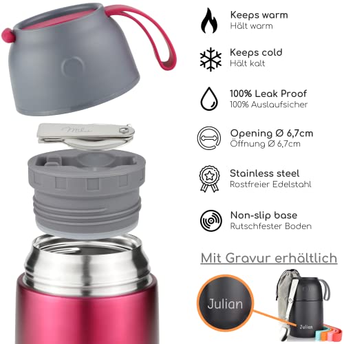 Image of Milu Thermal Container for Food 450 ml, Stainless Steel Warming Container with Spoon, Thermal Mug Food, Thermal Lunch Box for Children, Adults, Thermobox Soups, Baby Porridge, Food Container Berry