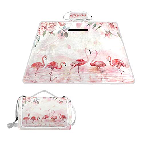 ALAZA Rectangle Waterproof Picnic Blanket, Flamingo And Flowers Portable Folding Indoors Rug Outdoors Mat for Travel Hiking Camping Park, 150cm x 145cm