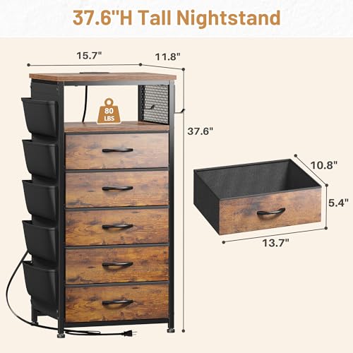 Image of EnHomee Night Stand with 5 Drawers, Dresser with Charging Station and LED Light, Tall Nightstand with Extra Side Bag & Hooks, Bedroom, Closet, Hallway, Entryway, Rustic Brown