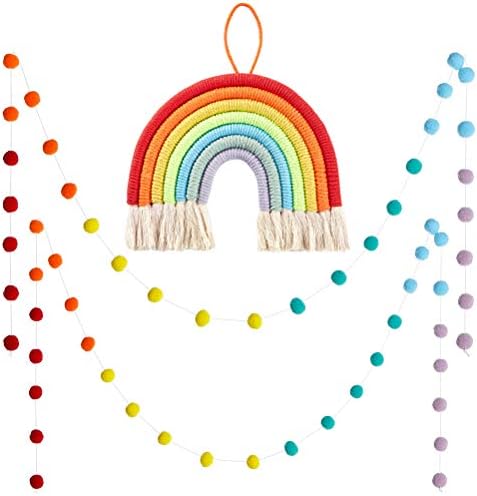 Woven Rainbow Tassel Wall Hanging Decor with 2PCS Colorful Pom Pom Felt Ball Garland for Party Supplies, Baby Shower,Photo Prop,Nursery and Home Decor，Christmas Decoration