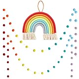 Woven Rainbow Tassel Wall Hanging Decor with 2PCS Colorful Pom Pom Felt Ball Garland for Party Suppl