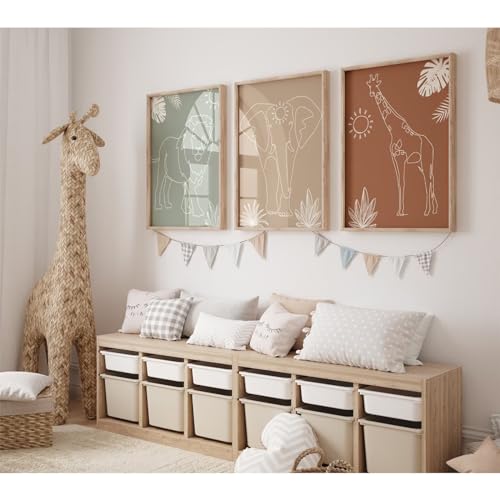 Image of Safari Nursery Wall Art Pictures Baby Animal Canvas Wall Decor Boho Jungle Wall Art Kids Minimalist Poster Elephant Giraffe Lion Prints Nursery Safari Artwork for Bedroom 12x16 Inch Unframed Set of 3