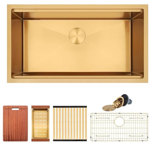Image of Gold Undermount Kitchen Sink 33 Inch,16 Gauge SUS304 Stainless Steel All In One Workstation Sinks With Full Set Accessories, 33 inch x 18 inch x 10 inch Large and Deep Handmade Single Bowl Kitchen Sinks