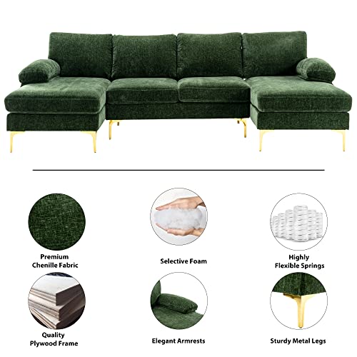 Olela U Shape Sectional Sofa,Modern Large Chenille Fabric Modular Couch,Extra Wide Sofa With Chaise Lounge And Golden Legs For Living Room (Green) #TOP1
