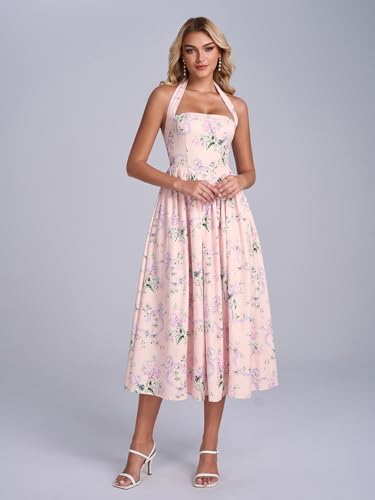 Image of Parthea Women's Floral Halter Corset Midi Dress 2026 Elegant Smocked Flowy Wedding Guest Dresses with Pockets