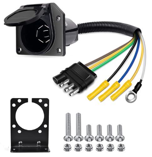 Nilight 50051R 4 Flat to 7-Way Round RV Blade Trailer Adapter Reverse Plug with mounting Bracket