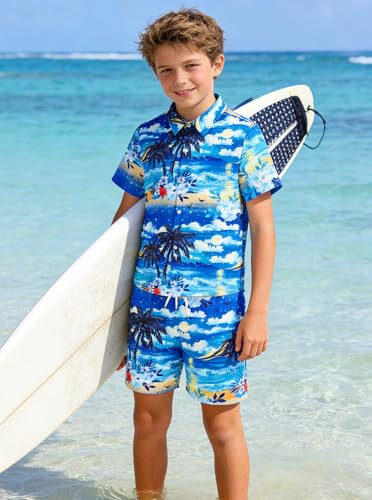 Image of UNICOMIDEA Boys Hawaiian Outfits Tropical Print Button Down Shirt + Swim Trunks 2 Piece Sets for 5-12T Kids