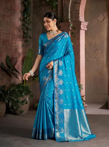 Image of MADHUHANSH Women's Cotton Silk Saree with Unstitched Blouse Piece Zari Weave and Floral Pattern | Heavy Embroidery Saree for Women | Interview Saree for Women | Readymade Blouse with Saree Set